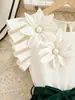 Vestido de Verano para Niñas de 4 a 8 Años, Elegante Vestido Blanco con Decoración Floral 3D y Moño Verde Oscuro, Comercio Transfronterizo