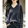 Suéter de punto de lana sin costuras con cuello en V para mujer, otoño e invierno, suéter holgado de manga larga de forro polar, top básico de estilo casual