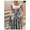 Nuevo Estilo Primavera y Verano 2026 Vestido Francés Floral con Tirantes para Mujer, Retro Elegante, Fluido, Dobladillo Amplio, Cuello en V, Falda de Longitud Media
