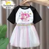 Adorable y Lindo Conjunto de Vestido de Malla de Manga Corta con Estampado para Niñas, Camiseta y Falda Corta para Verano 7