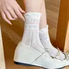 Calcetines Finos de Verano para Mujer, Caña Media con Borde de Burbujas y Encaje de Lazo, Calcetines Largos Estilo Dulce Coreano, Algodón Puro