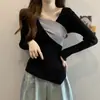 Camiseta de Manga Comprida para Mulheres 2026 Novo Estilo de Outono Que Cobre a Barriga, Camisa Básica com Painéis Irregulares, Top de Tricô Slimming para Primavera e Outono com Decote V