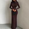 Comercio Exterior Estilo Europeo y Americano Otoño e Invierno 2025 Nueva Moda Elegante Color Sólido Cuello Redondo Manga Larga Plisado Ajustado Vestido para Mujer
