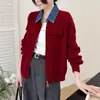 Blusa de malha com lapela, mangas compridas, jeans emendado com zíper duplo, design consciente, para mulheres, outono/inverno, nicho, rejuvenescedora, solta, estilosa
