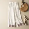 Pantalones de Pierna Ancha Bordados de Algodón y Lino, Ajuste Holgado Casual Artístico Retro de Cintura Alta Adelgazantes, Talla Grande para Primavera y Otoño, Dropshipping para Exportación