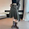Falda midi de mezclilla irregular para mujer, estilo otoño vintage old money, falda retro de cintura alta entallada línea A