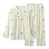 Novo pijama simples de algodão puro com gola redonda e dupla camada de gaze para mulheres, conjunto de roupa de casa solta de gaze de algodão fino para primavera, outono e verão