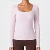 Camiseta Elegante de Manga Larga con Cuello Cuadrado para Mujer Caijue, Estilo Americano Otoñal, Corte Ajustado, Alta Elasticidad, Top de Yoga