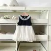 [En Stock] Vestido Infantil 2026 Verano Nuevo Contraste Blanco y Negro Encaje Lunares Malla Vestido para Niñas