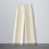 Jeans Largos Personalizados para Mulheres 2026 Novo Estilo Petite Patchwork Renda Outono Bege Casual Calças Retas
