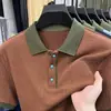Camisa tipo polo de punto de manga corta de verano transfronteriza para hombre, estilo nuevo con jacquard de color contrastante, botones esmeralda, top cómodo y ligero