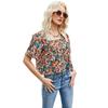 Top Elegante de Manga Curta para o Verão, Pulôver Preto Estampado Solto, Gola Quadrada, Roupa, Camiseta Simples Solta Estampada