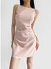 Estilo Celebridad Vestido Slim de Un Hombro con Cintura Plisada Verano Nuevo Deseo Puro Sencillo sin Mangas Color Sólido Falda Corta