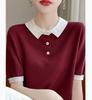 Camisa polo feminina de cor contrastante, nova, 2025, malha de seda gelada, manga curta, camiseta com decote em V, gola polo, tops slim da moda