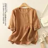 Camiseta de Verano Nueva de Algodón y Lino Estampada Cuello Redondo para Mujer Delgada Talla Grande Holgada Versátil Pulóver Casual Top que Reduce la Edad