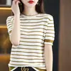 Camiseta de Manga Corta de Seda de Hielo para Mujer, Nuevo Estilo Transfronterizo de Verano, Rayas Bloque de Color Cuello Redondo, Corte Holgado, Versátil, Camiseta de Punto Adelgazante, Estilo Delgado
