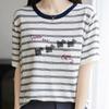 Verano Tencel Lyocell Tejido Manga Corta Mujer Cuello Redondo Rayado Bordado Holgado Media Manga Camiseta Capa Base
