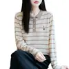 Suéter de Punto Fino Transfronterizo con Cuello Polo, Bloques de Color y Rayas, Bordado Exquisito, Rayas, Bloques de Color, Versátil para Primavera y Otoño, Top de Temperamento