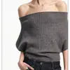 Top de Punto Gris Estilo Francés Perezoso Chic Hombros Descubiertos con Mangas Murciélago, Textura de Canalé, Ceñido a la Cintura, Adelgazante y Aspecto Elegante