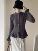 Cardigan Tricotado de Design Suave Estilo Francês com Borda Franzida para Mulheres, Casaco Suéter Grosso Emagrecedor que Marca a Cintura para Outono e Inverno, Elegante e Versátil