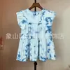 Top tie-dye para comercio transfronterizo, camisa de seda y lino tie-dye bordada de manga media con cuello camisero, cuello redondo, corte holgado, top estilizado y que estiliza