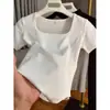Camiseta de Manga Curta para Mulheres, 40 Fios de Algodão Puro, 210g, 92% Algodão/8% Elastano, com Gola Quadrada e Costura Visível