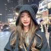 Gorro de lana de oso para mujer, lindo, otoño e invierno, para circunferencia de cabeza grande, estilo coreano, versátil, orejeras, cierre de cordones, puntera cerrada, gorro de punto cálido