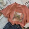Camiseta Estampada Letra com Pintura a Óleo Laranja Manga Curta Feminina Verão Novo Estilo Coreano Solta Emagrecedora Versátil Algodão Meia-manga