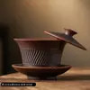 Tigela com Tampa de Cerâmica Roxa Original com Padrão de Faca de Porcelana Sancai, Rotatória e Flutuante, Tigela de Chá de Grande Capacidade, Máquina de Chá para Escritório em Casa