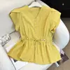 Camisa de Verano 2026 Nuevo Estilo Coreano Vintage a Cuadros con Cuello en V Reductora de Edad con Cinturón Delgado para Mujer
