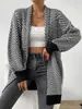 Cardigan Transfronteiriço da Amazon Outono e Inverno Comprimento Médio Casual Jaqueta de Tricô Suéter Jacquard Clássico Listrado em Contraste para Mulheres