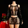 Conjunto de Lencería Bodysuit Sexy de Malla Transparente Talla Grande con Aberturas que Moldea la Cadera, Transfronterizo Europeo y Americano