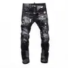 Jeans hip-hop elásticos para hombre, estilo europeo, marca americana de moda, nuevos, lavado negro y gris, desgastados, con parches, pintura, grafiti