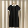 Fábrica de Roupas Femininas Nanyou Venda Direta Verão Novo Vestido de Mistura de Acetato Contraste Preto e Branco Gola Redonda Manga Curta Moda