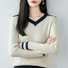 Suéter de tricô 100% algodão com gola polo color-blocking estilo francês para mulheres, novo modelo 2026, camisa base com gola de lapela, suéter que rejuvenesce