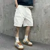 Shorts Cargo Branco Original Lavagem Pesada Solto Jeans com Manchas de Tinta Junta de Bambu Bolso Grande Comprimento até o Joelho Unissex
