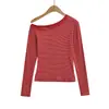 Atacado de Roupas Femininas Transfronteiriças Estilo Europeu e Americano 2025 Outono e Inverno Nova T-shirt Listrada de Manga Longa com Bloqueio de Cor Uma Alça Top Interno