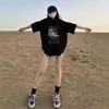 Camiseta de Manga Corta para Mujer Verano 2026 Nuevo Estilo Caliente Negro Algodón Puro Holgada Retro Americana Adelgazante Top de Media Manga con Cuello Redondo