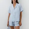 Primavera 2026 Nuevo Estilo Europeo y Americano Color Contrastante Algodón Puro Manga Corta Pantalones Cortos Conjunto de Pijama Holgado Suave y Amigable con la Piel Ropa de Casa para Mujer