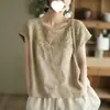 Camiseta de Algodón y Lino Vintage con Bordado Pesado de Cuello Redondo para Mujer, Nuevo Modelo Verano 2026, Suéter Delgado Elegante Versátil para Mujer