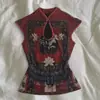 Camiseta Nova Estilo Menina Chinesa Picante com Estampa Floral Desgastada, Fivela, Gola Alta Estruturada, Manga Curta Emagrecedora, Top Qipao