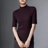 Camiseta de malha base gola alta 100% imitação de lã pura para mulheres, manga média, padrão espinha de peixe, suéter slim fit, top para camada interna