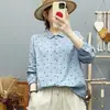 Camisa de manga comprida de algodão com dupla camada de gaze e bolinhas estilo japonês para mulheres, top vintage artístico de algodão puro, macio e amigo da pele