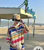 American retro cor listrado oco suéter primavera e verão Nova lapela camisa casual solta top fashion marca