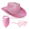 En stock sombrero de mezclilla rosa con purpurina y diamantes conjunto sombrero de mezclilla con purpurina gafas de amor conjunto de tres piezas cuadrado