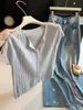 Cardigan Casual de Punto de Manga Corta Gris Claro para Mujer Verano Versátil Adelgazante Diseño de Punto Trenzado Top de Nicho Ropa de Punto