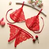 Conjunto de Lencería Sexy al por Mayor Encaje Moño Pequeño Ropa Interior Abierta para Mujer Tres Puntos C06