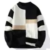 Outono e Inverno Masculino Gola Alta Meia Padrão Quadrado Color Block Trançado de Diamante Listras Contrastantes Pulôver Solto Camada Base de Tricô