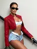 Transfronterizo tiene stock colorblock empalmado crop top de piel sintética chaqueta de cuero para mujer chica caliente motocicleta se puede personalizar con muestras