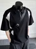 Camisa Polo de Peso Pesado con Parches en Blanco y Negro y Media Cremallera para Hombre, Marca de Verano de Moda, Cuello Campana, Manga Corta, Corte Holgado, Diseño con Colores Contrastantes